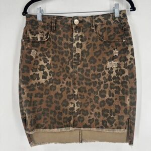 Gianni Bini Cheetah Print Distressed Denim Pencil Skirt Cut Off Small Y2K